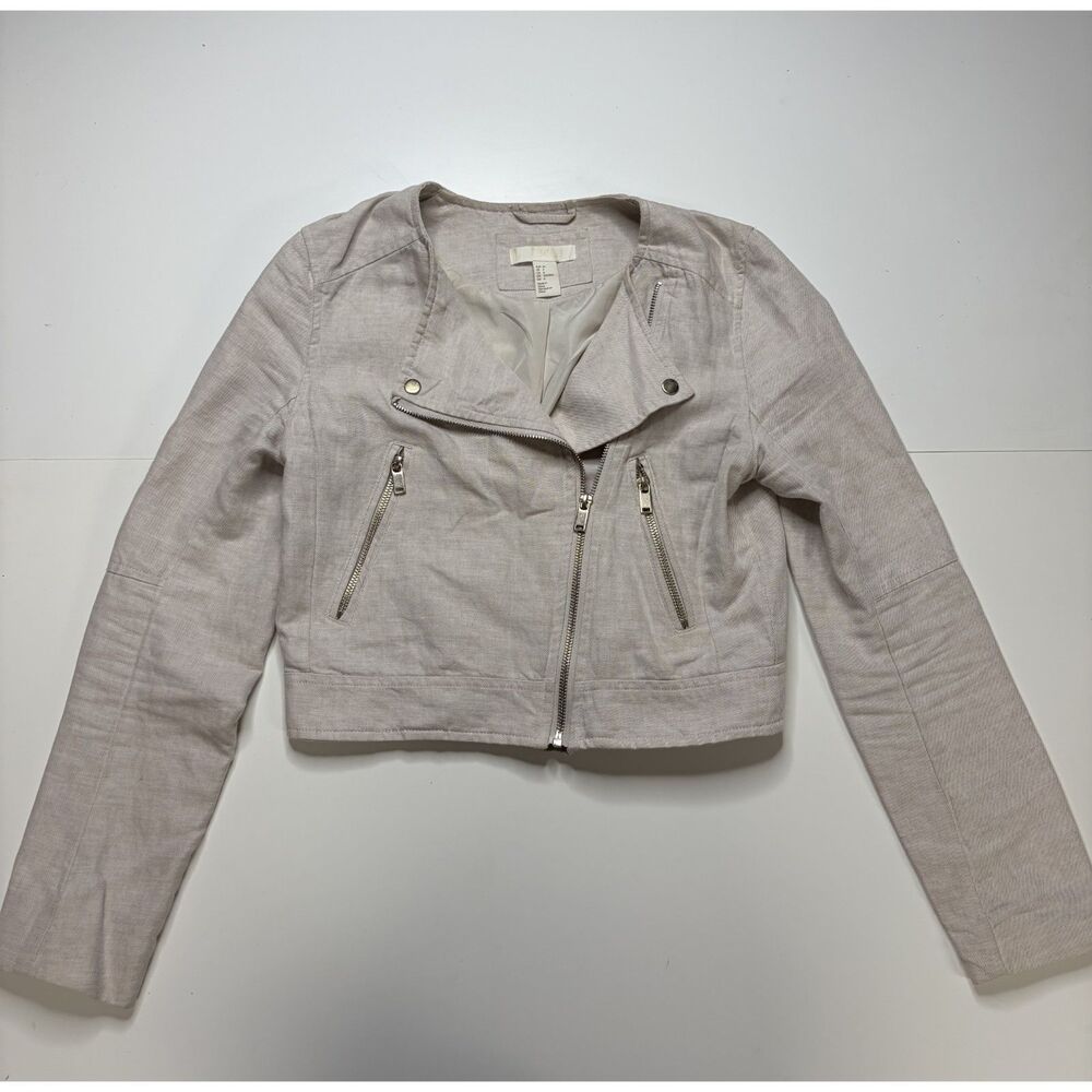 H&M Gray Tan multiple zipper jacket Women's 4 thrashed.